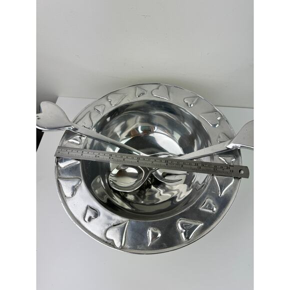 Mexico Silver Salad Bowl Stainless Steel Hearts Spoon Fork Serveware Set RARE - Picture 7 of 11